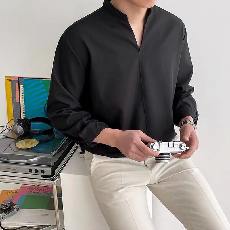Áo Sơ Mi Nam Kiểu Cổ Chữ V - 2 Màu Đen + Trắng Với 2 Kiểu Cổ Bẻ và Cổ Tàu,Chất Lụa Hàn Mịn Không Nhăn Phong Cách Mới Lạ