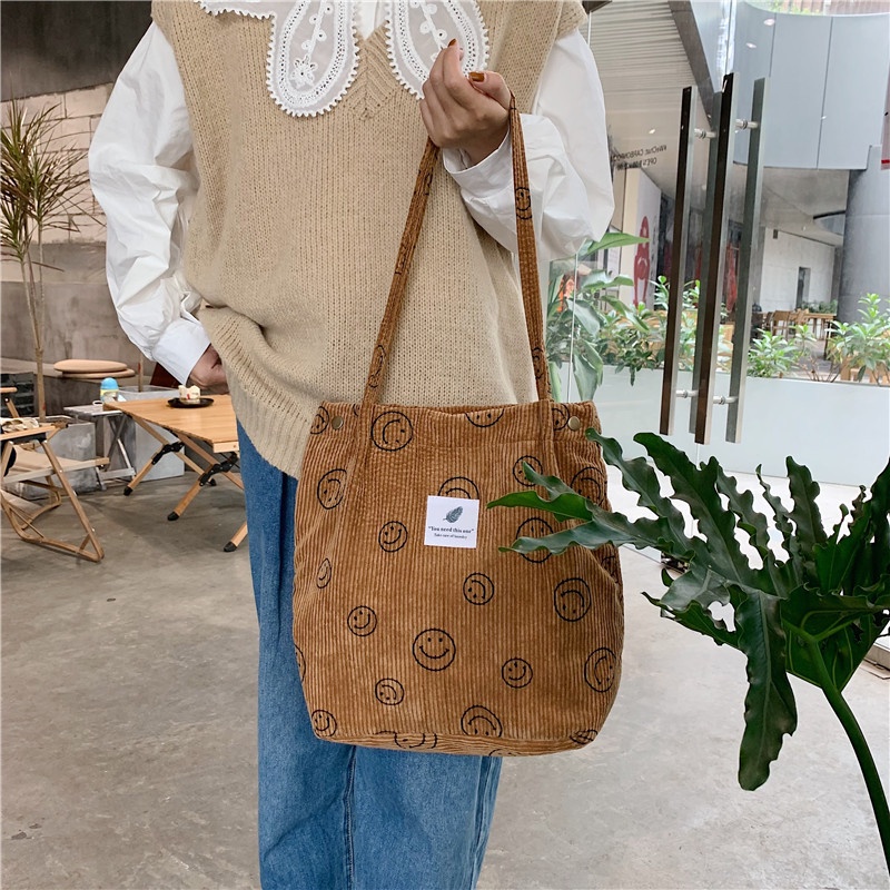 Túi Xách Canvas Đeo Vai Họa Tiết Mặt Cười Phong Cách Retro