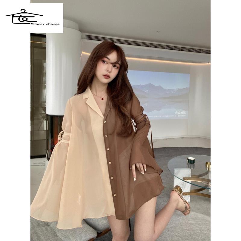 Áo Sơ Mi Chiffon Cổ Chữ V Màu Sắc Tương Phản Phong Cách Hàn Quốc Cho Nữ