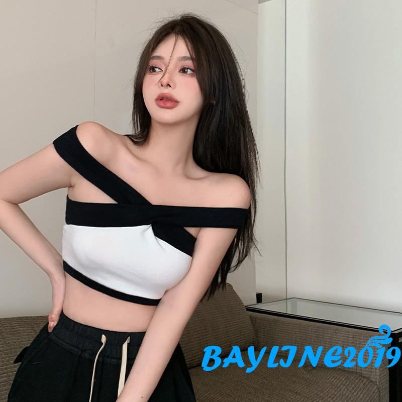 BAY-Ladies Midriff-baring Tank Top, Summer Women Black White Color Matching Cross Hanging Neck Off Shoulder Sleeveless