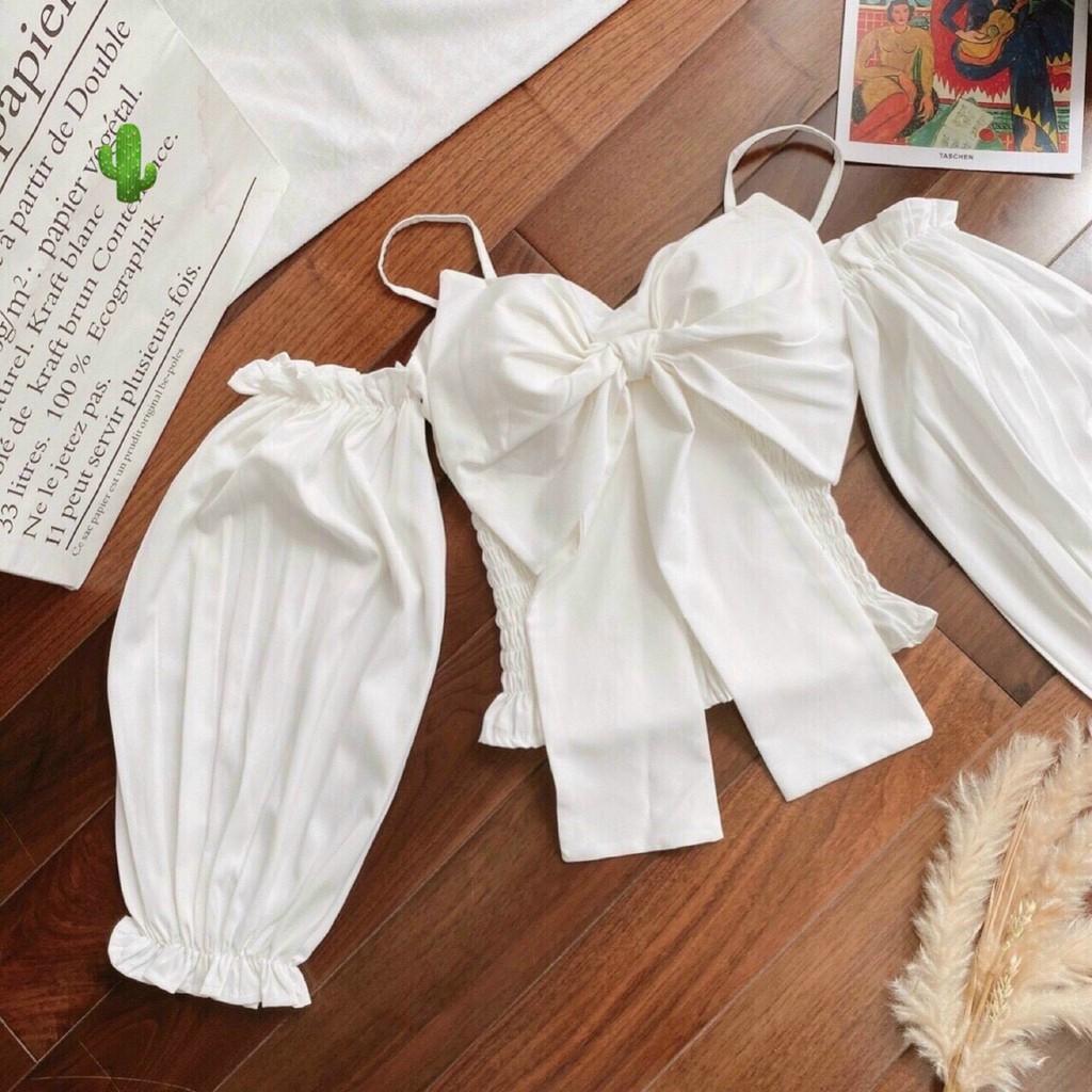 Áo Kiểu Nữ Hai Dây Nhúng Lưng Nơ Ngực