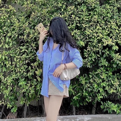 [Mã FAMARAL1 giảm 10K đơn 50K] Áo sơ mi xanh đũi xốp form rộng áo sơ mi nữ ulzzang LD119