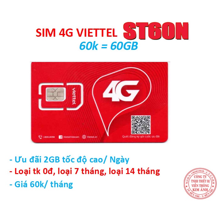 Sim Viettel dùng mãi mãi gói ST60N 7 tháng, 14 tháng ưu đãi 2GB/ Ngày chỉ 60.000đ, Hàng chính hãng