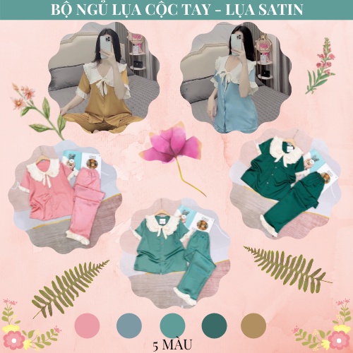 Bộ đồ ngủ nữ - Bộ pijama nữ lụa satin quần dài áo cộc cổ bèo nơ dây