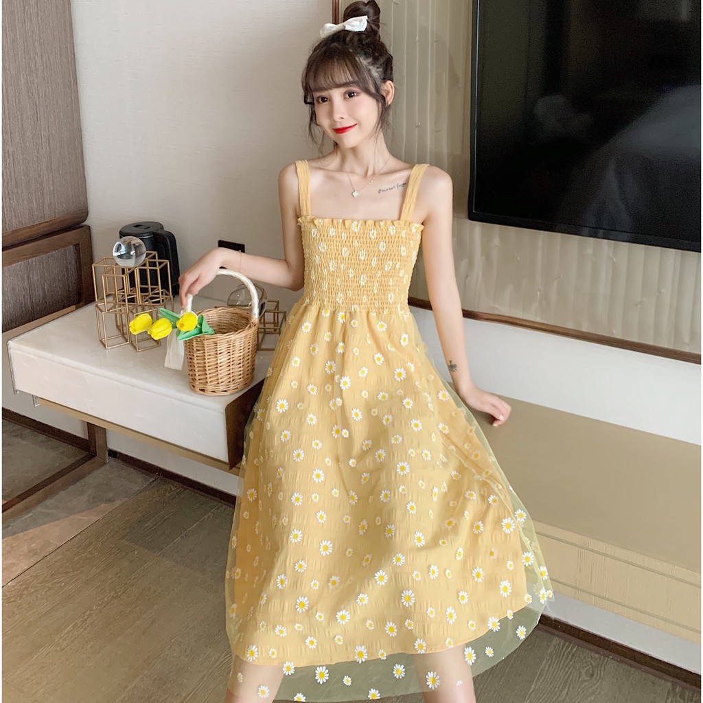 Váy 2 dây dáng dài trắng bánh bèo hoa cúc vintage, váy hai dây bản to phong cách ulzzang Hàn Quốc V07 - Peyy Clothing