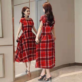 (PE016)Váy kẻ caro cổ tròn tay ngắn dáng xòe xếp ly eo