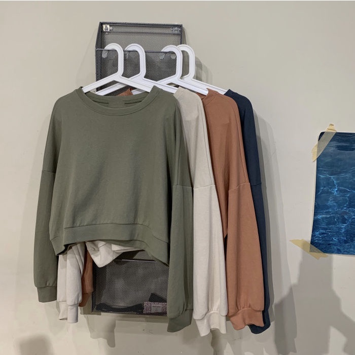 Áo Hoodie Lửng Tay Dài Cổ Tròn Màu Trơn Dáng Rộng Trẻ Trung Phong Cách Hàn Quốc Hợp Thời Trang