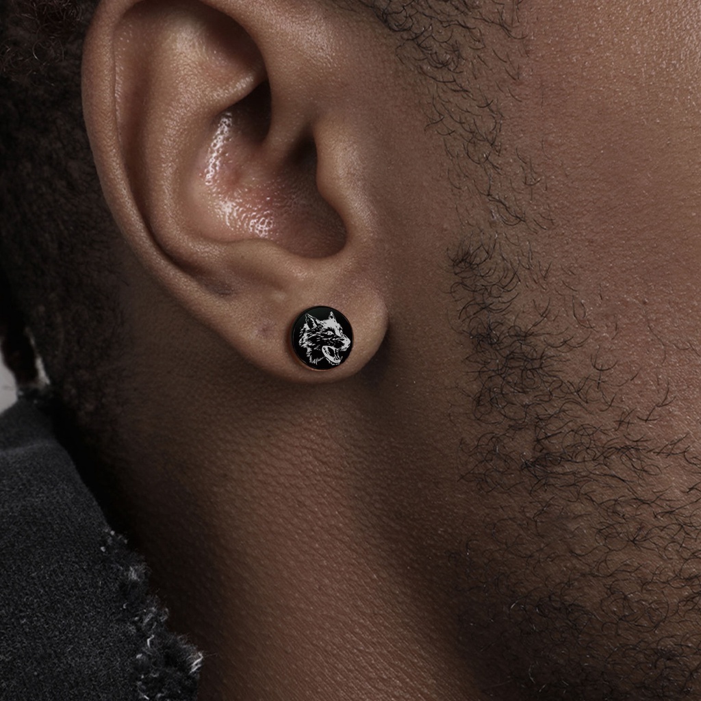 Khuyên Tai Nam Hình Đầu Sói Màu Đen Chống Dị Ứng
