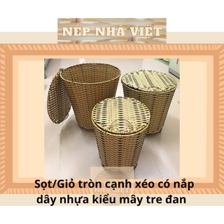 Sọt/giỏ tròn cạnh xéo có nắp làm từ dây nhựa kiểu mây tre lá đan đủ size