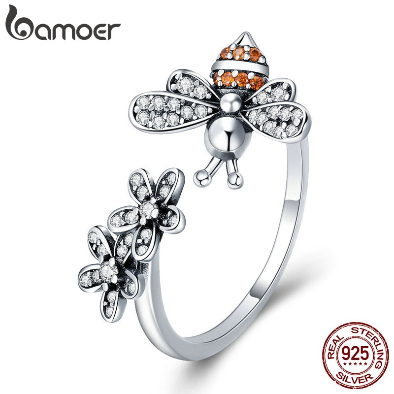 Nhẫn Bamoer bằng bạc 925 thật hình ong và hoa cúc