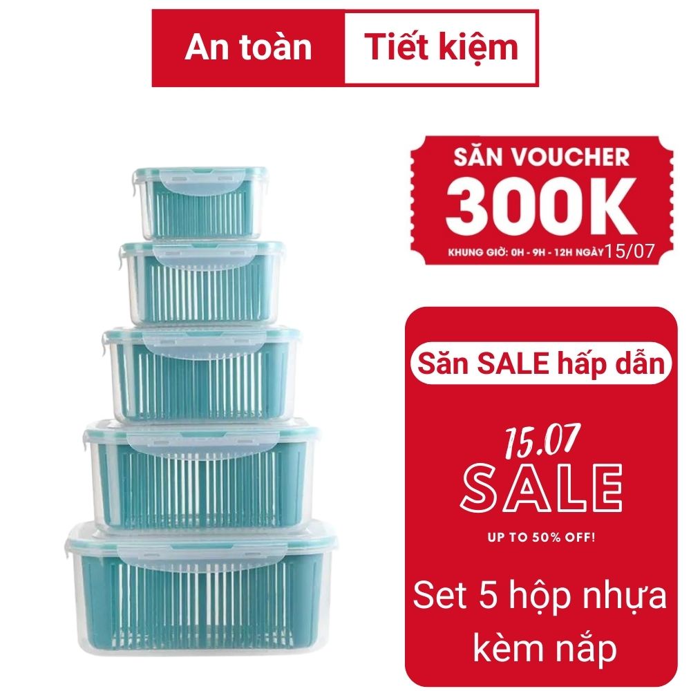 SET 5 HỘP KÈM RỔ CÓ NẮP ĐỂ TỦ LẠNH TIỆN LỢI