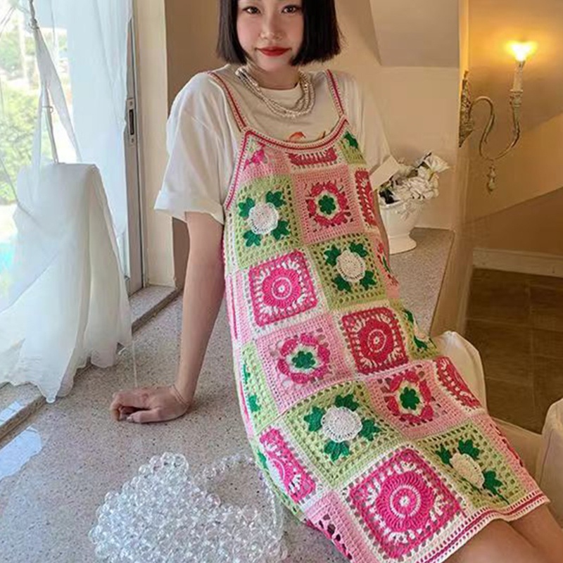 Đầm hai dây dệt kim rỗng họa tiết hoa nhiều màu sắc phong cách boho thời trang đi biển cho nữ