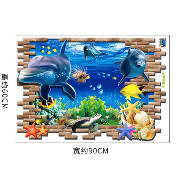 Decal trang trí tường - Cá heo 3D bơi qua khe nứt