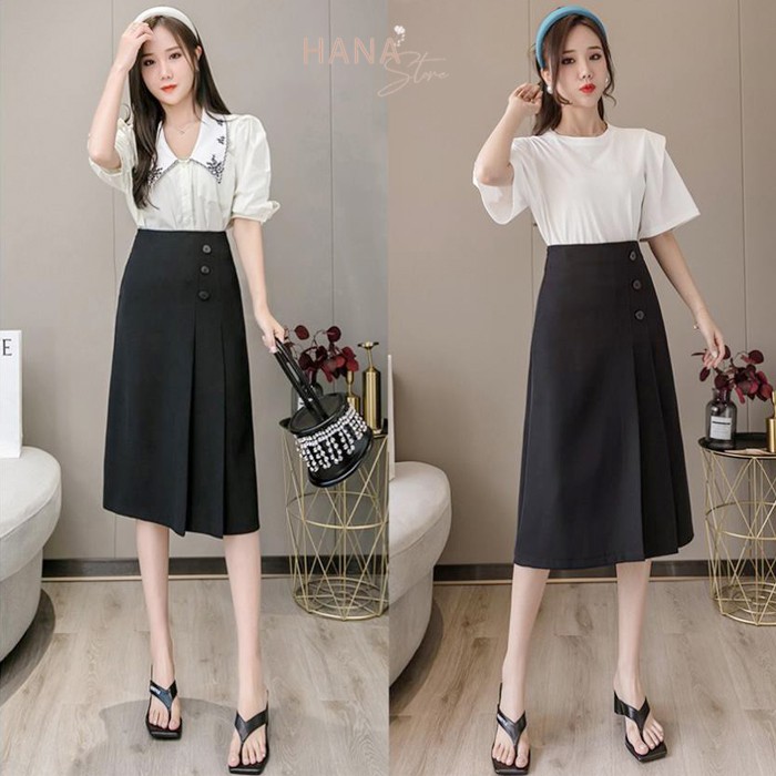 Chân váy xếp ly dáng dài màu đen phối 3 cúc - Chân váy dài qua gối lưng cao xếp ly mặc đi làm công sở đi chơi siêu xinh | BigBuy360 - bigbuy360.vn