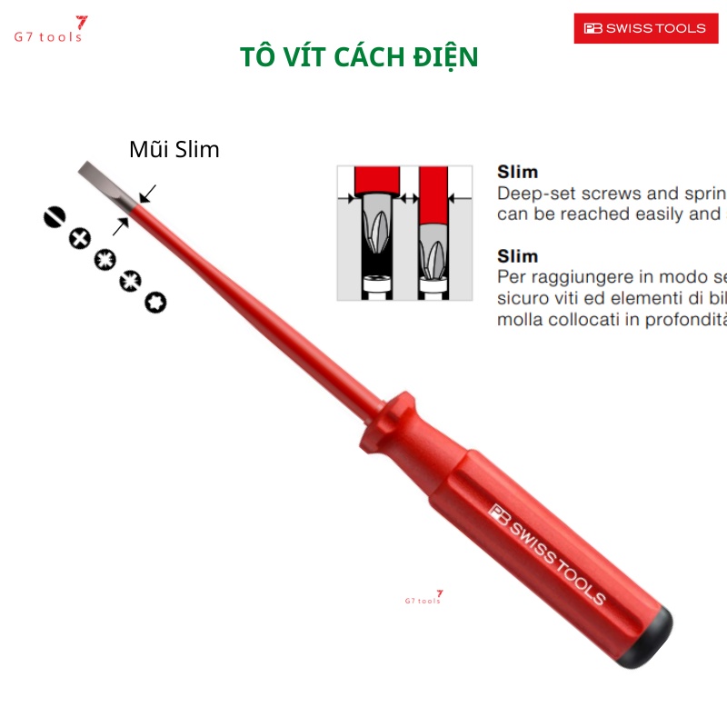 Tô Vít Mũi Slim Cách Điện PB Swiss Tools Mũi Cộng PH 5190.SL, Mũi Dẹp 5100.SL, Mũi Kết Hợp 5180.SL Mở Ốc Tủ Bảng Điện CB