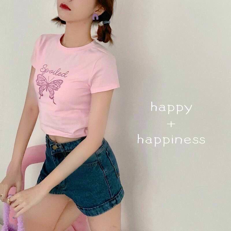 Áo Croptop Nữ Ôm Cổ Tròn Ngắn Tay Màu Hồng In Hình Bướm Thời Trang Hè Cực Xinh A5305