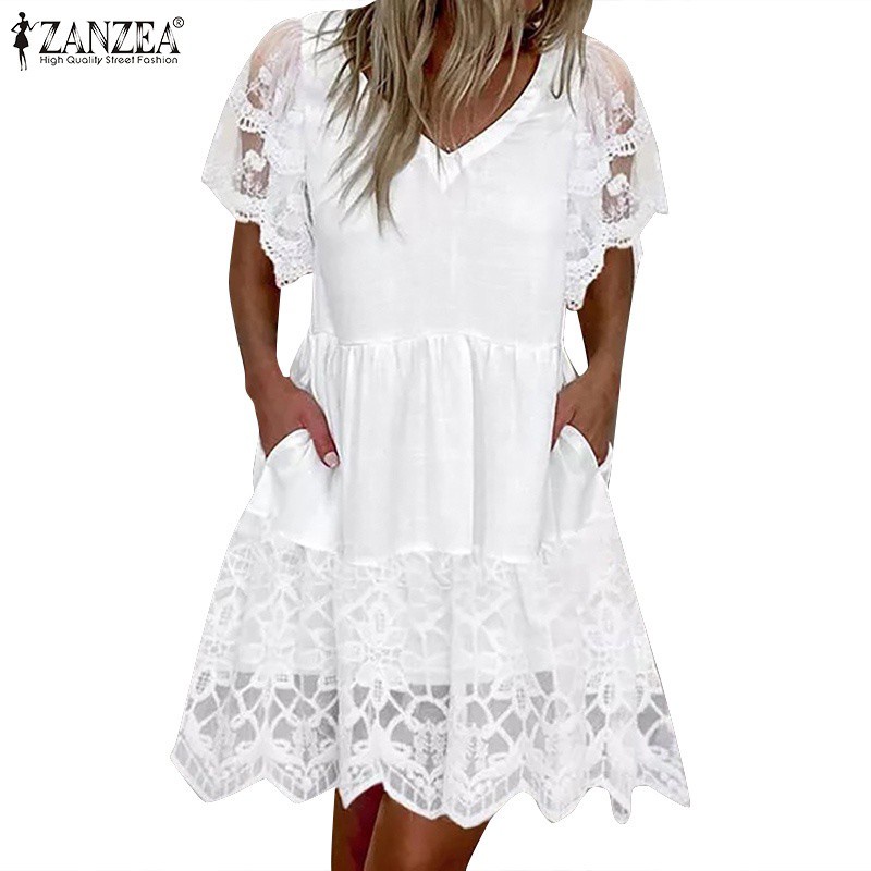 Áo Đầm ZANZEA Dành Cho Nữ Thiết Kế Cổ Chữ V Tay Ngắn May Phối Ren Mini