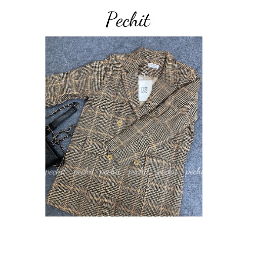 Áo dạ nữ dáng dài kẻ caro blazer hàn quốc PECHIT AD01