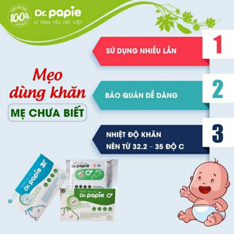 Khăn lau hạ sốt Dr Papie dành cho bé 0m+ và 3m+ hộp 25 tờ
