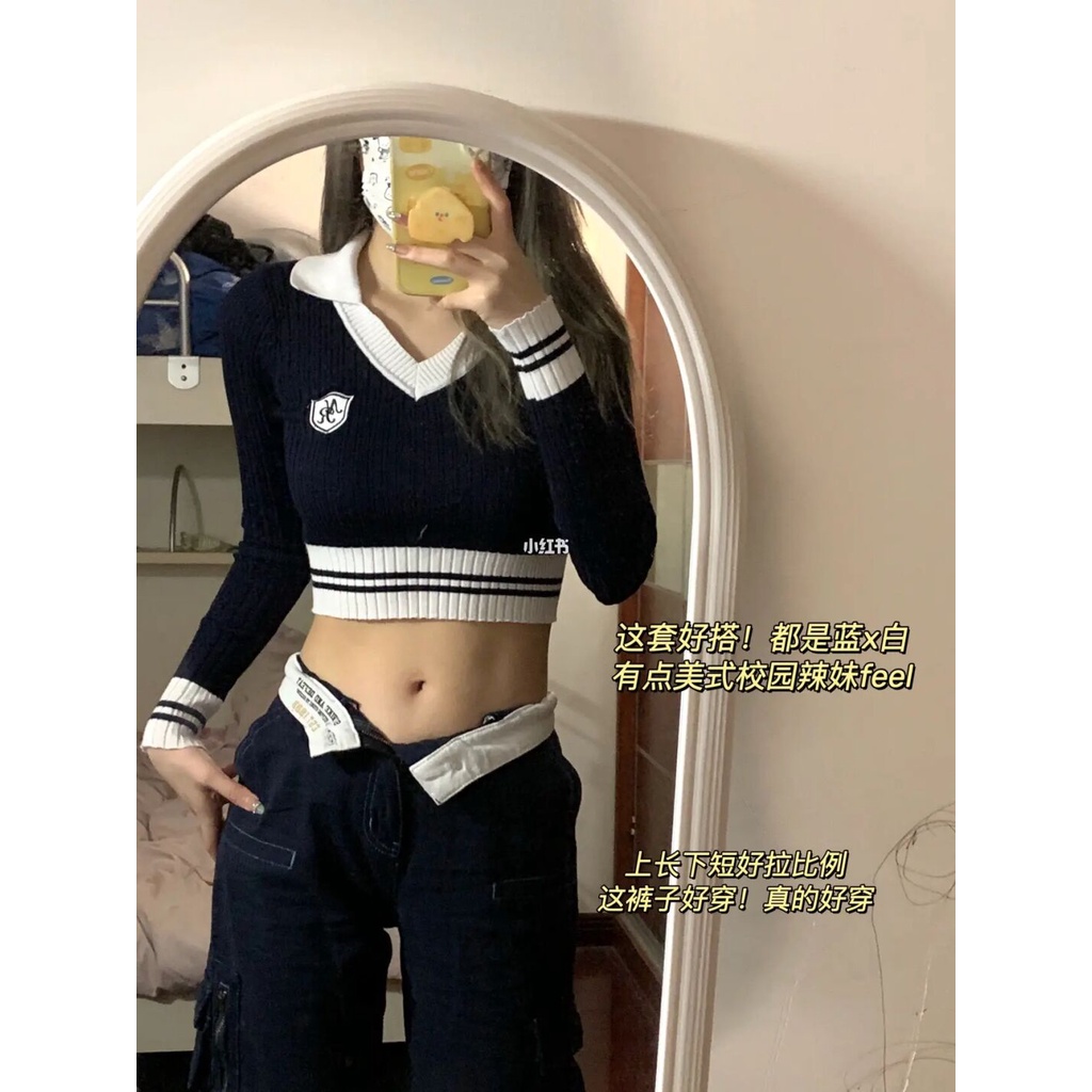 Cocory vn Áo Croptop Tay Dài Cổ Chữ V Dáng Ôm Gợi Cảm Thời Trang Cho Nữ