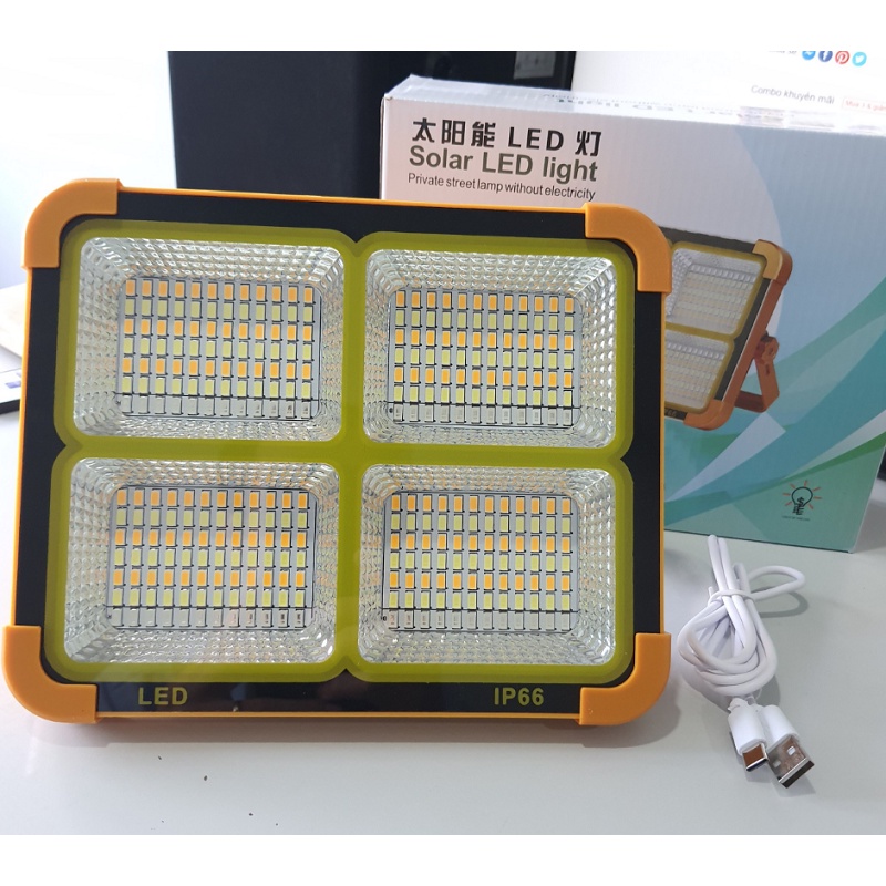 Đèn tích điện năng lượng mặt trời 300W 100W siêu sáng có điều khiển + cáp sạc 4 chế độ đèn led