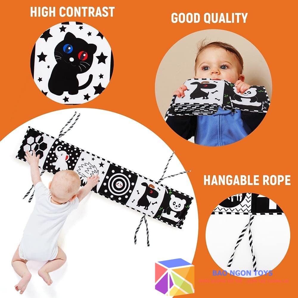 SÁCH VẢI KIÊM QUÂY CŨI 2 TRONG 1 GIÚP KÍCH THÍCH THỊ GIÁC CHO BÉ SƠ SINH TỪ 0 THÁNG - BAO NGON TOYS - SV76