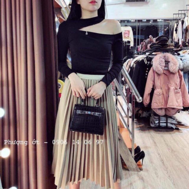 Chân váy dập li dáng dài ánh nhũ hàng QC