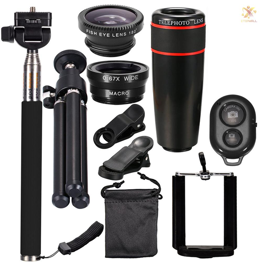 Bộ 10 Ống Kính 12x Góc Rộng + Fish Eye + Macro + Gậy Selfie + Gậy Selfie Cho Điện Thoại Ios