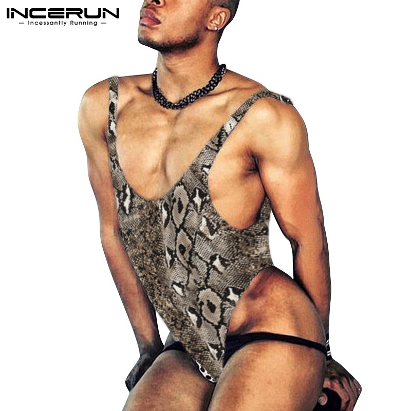 Áo liền quần nam INCERUN dáng ôm lưng chữ T dạng dây không tay in họa tiết gợi cảm