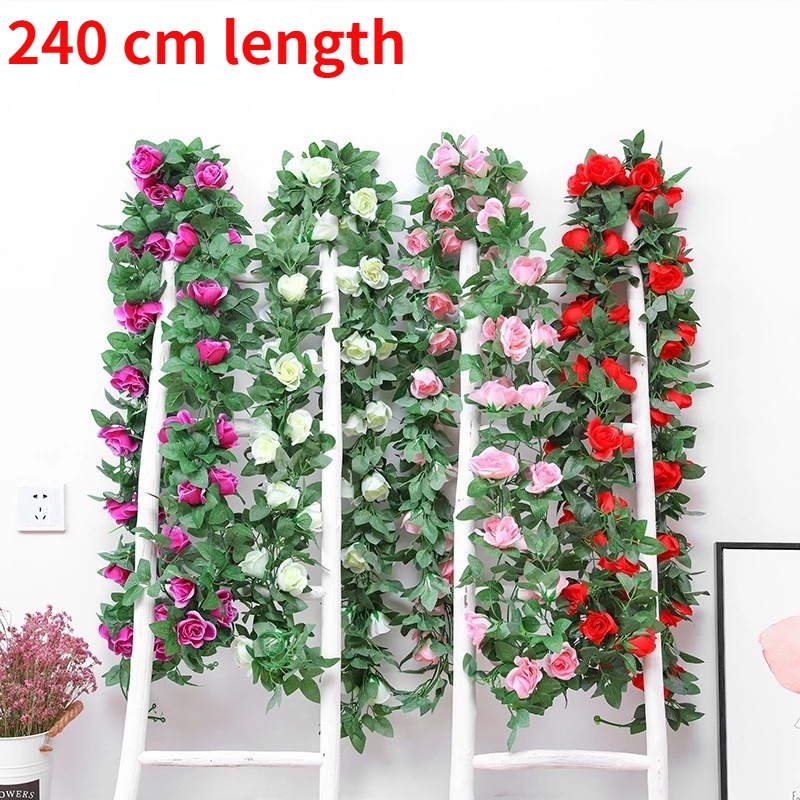 Dây Hoa Hồng Giả Bằng Lụa Và Nhựa 240CM Nhiều Màu Sắc Dùng Trang Trí Nền Tường