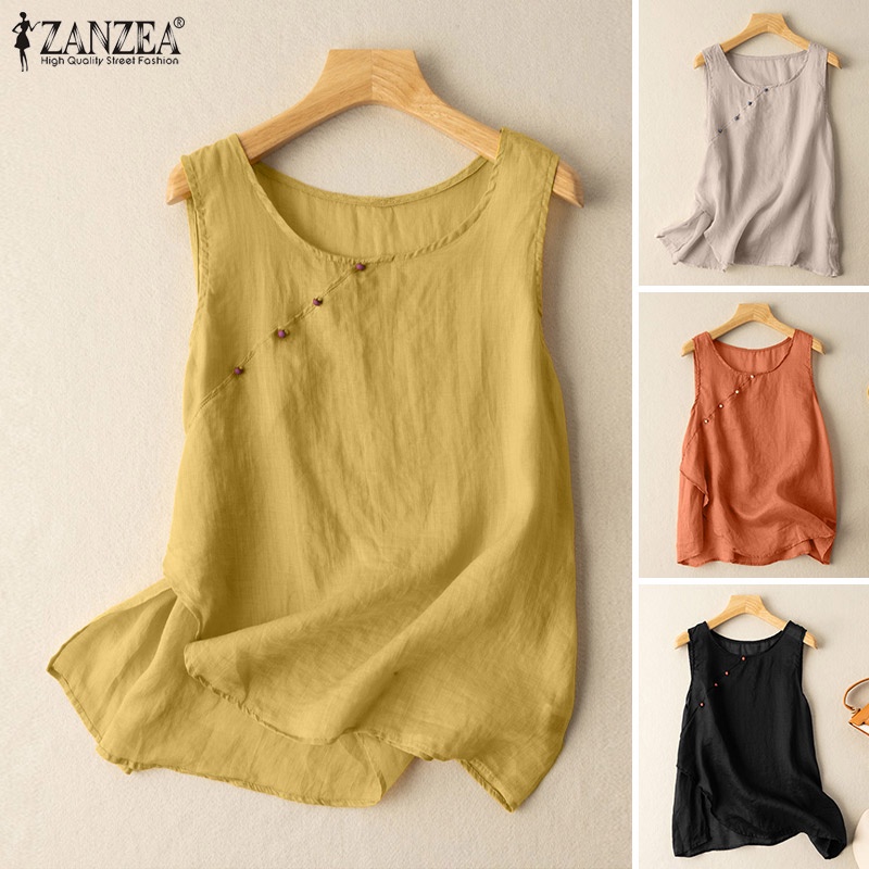 Zanzea Áo Kiểu Nữ Cộc Tay Cổ Tròn Màu Trơn Phong Cách Vintage