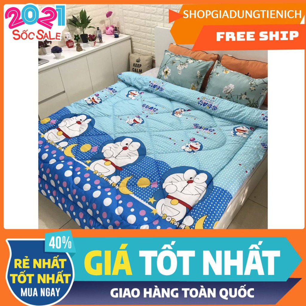 Chăn phao mùa đông siêu nhẹ hình doremon trăng sao chấm bi