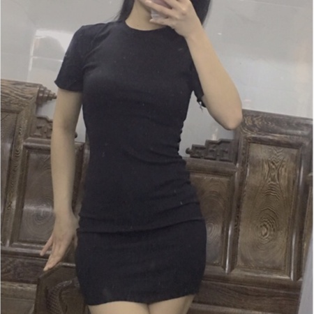 Đầm body váy body nữ thun co giãn, cổ tròn bazic trơn ngắn tay cổ tròn 2 màu