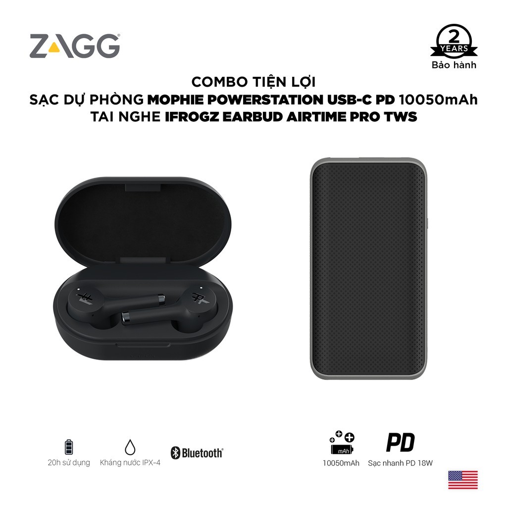 Combo: Tai nghe iFrogz earbud không dây Airtime Pro - Sạc dự phòng Mophie Powerstation USB-C Power Delivery 10050mAh