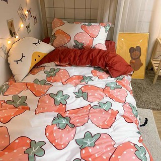 BỘ CHĂN GA GỐI POLY COTTON HỌA TIẾT DÂU HỒNG