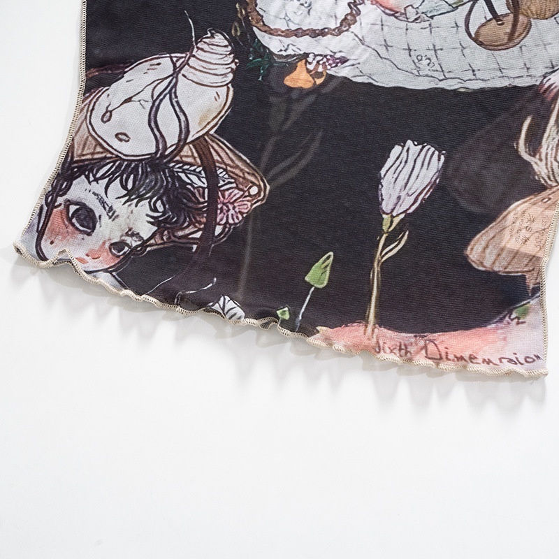 DUNEA Áo thun tay dài phối lưới in họa tiết xinh xắn thời trang cho nữ