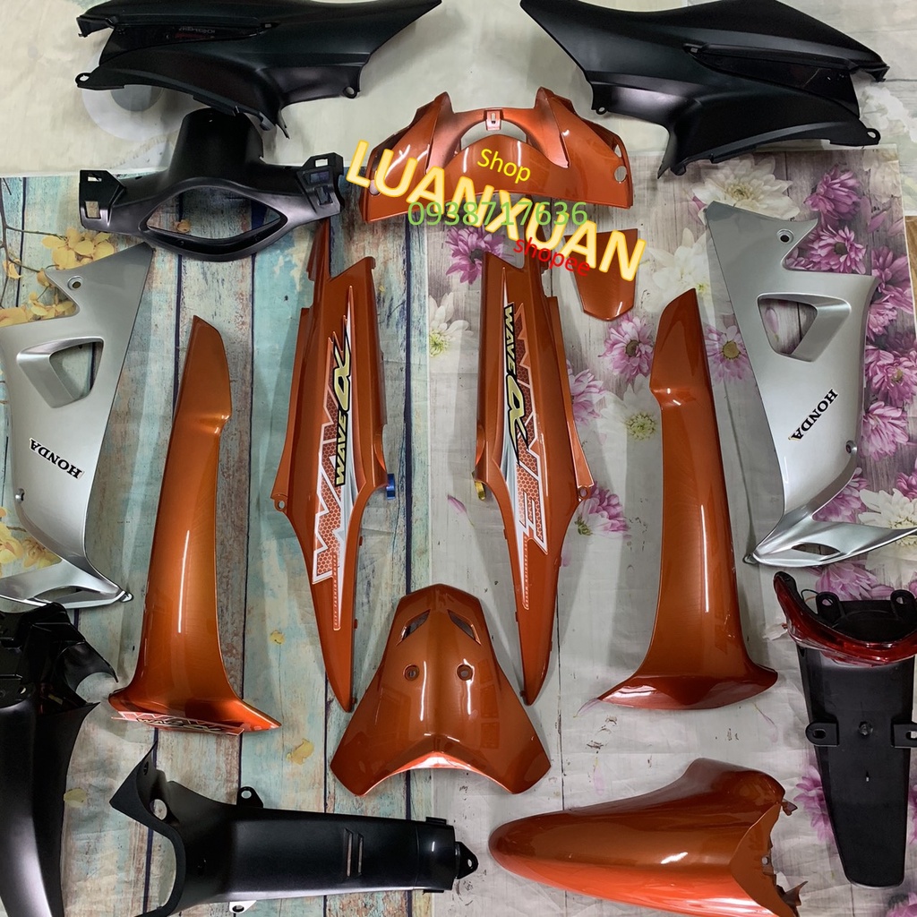 Dàn áo xe Wave A 100- Wave RS 2008 -Wave S100 -Wave 50cc -Wave alpha đời 2006 đến 2016 MÀU CAM -mủ trắng ABS