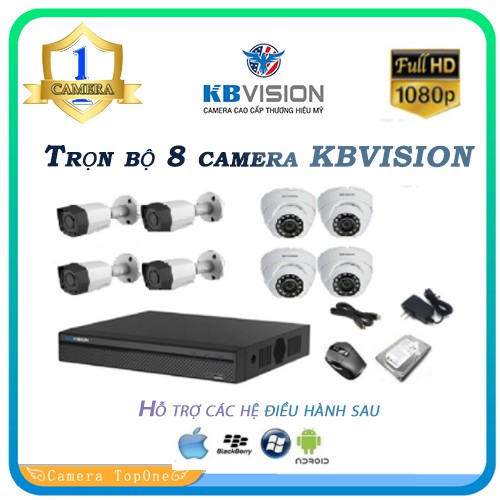 Trọn bộ 8 camera KBVISION Full HD 1080p kèm HDD 1TB - Đầy đủ phụ kiện, tùy chọn cam Thân hoặc Dom