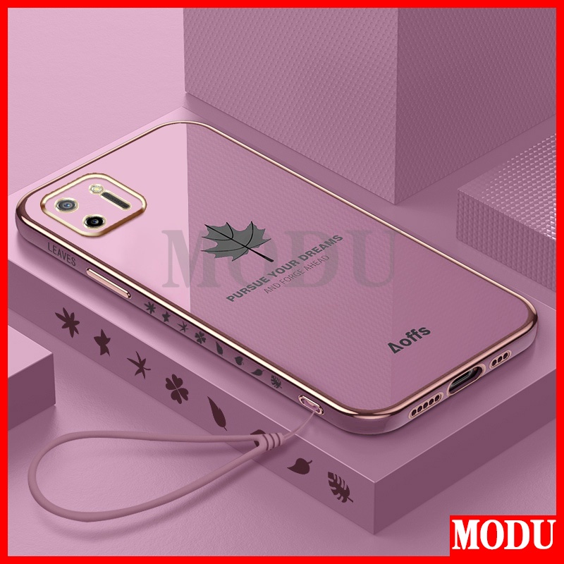 Ốp Điện Thoại Mềm Họa Tiết Lá Phong Dáng Vuông Mạ Màu Sang Trọng + Dây Đeo Cho OPPO A16K