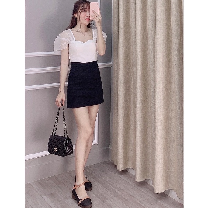 Chân váy kaki trắng đen chữ A dáng ngắn, chân váy công sở ngắn MS77