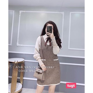váy dạ kẻ kèm tag hoa đá