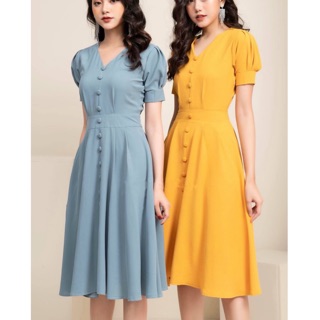 Đầm Cổ V Tay phồng nút bọc xt