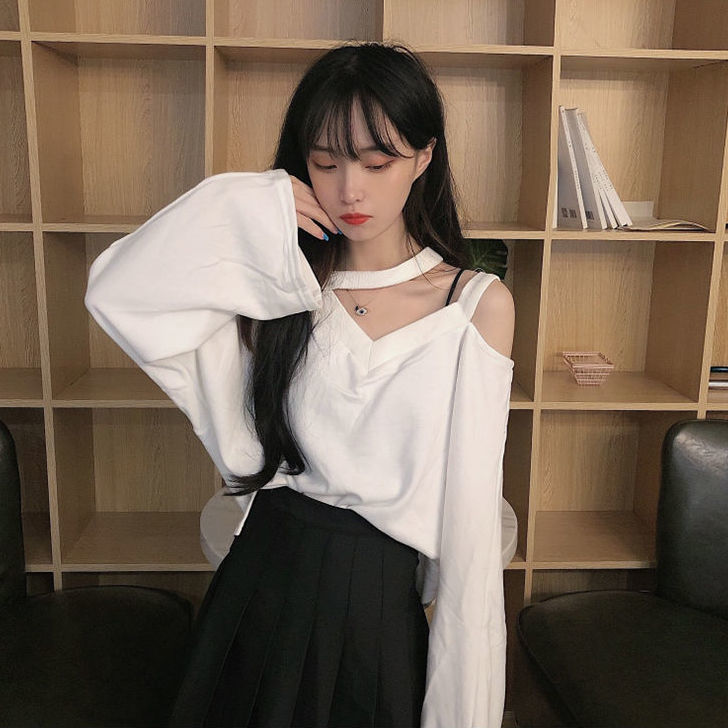 Áo Thun Tay Dài Dáng Rộng Hở Vai Màu Trắng / Đen / Xám Ngọt Ngào Phong Cách Hàn Quốc