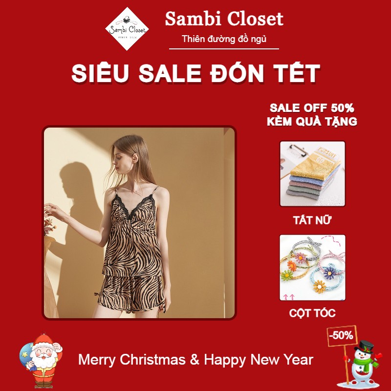 Bộ đồ ngủ nữ 2 dây da beo sexy chất lụa cao cấp