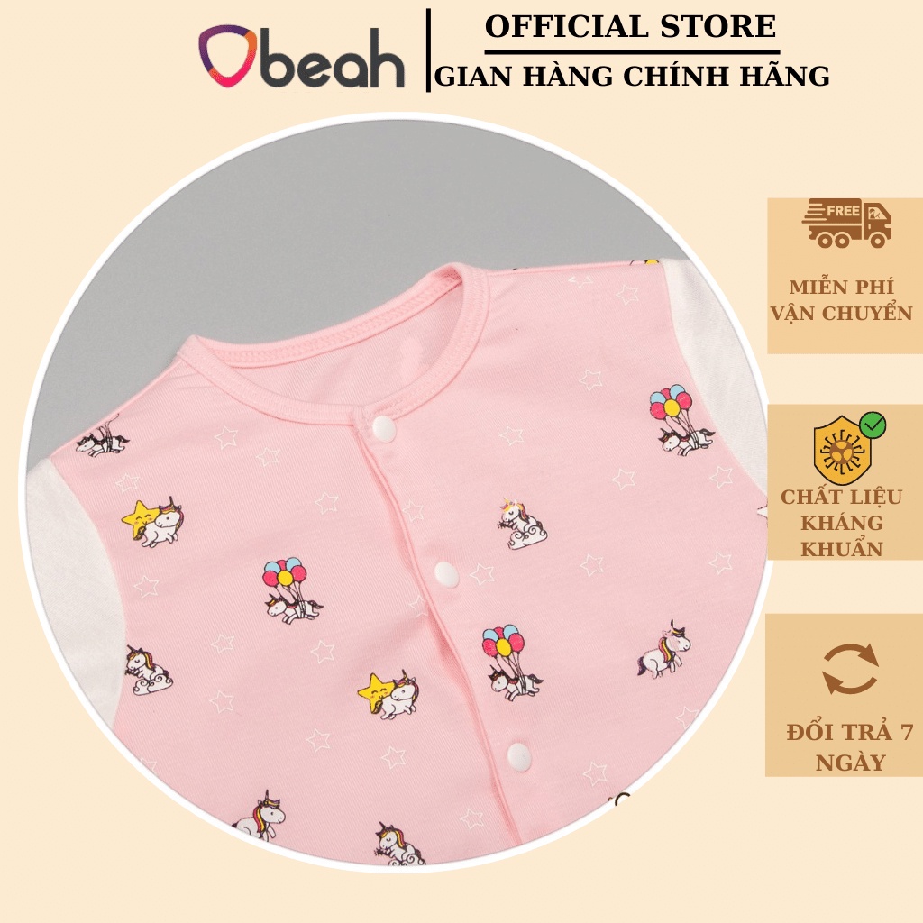 Bodysuit cho bé sơ sinh, body liền tất chất liệu petit mềm mịn OBEAH màu hồng phấn in hình size 59 đến 80  Mã OB082109