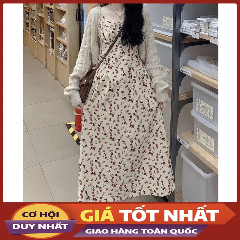 Set Váy 2 Dây Nhung Hoa Nhí Mix Áo Khoác Len Vặn Thừng M2599- Violet
