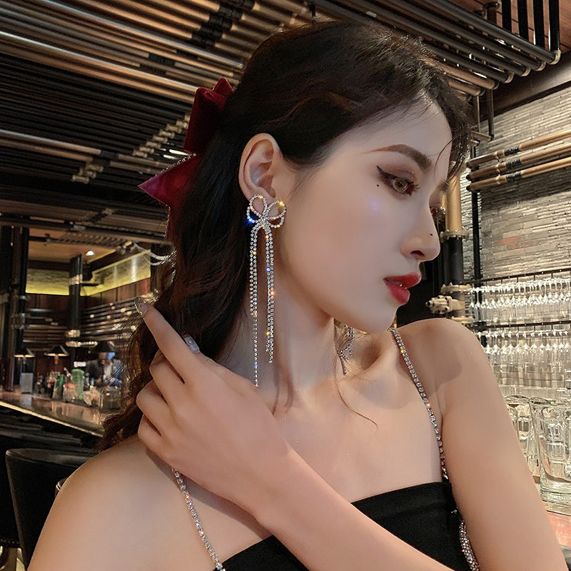 Bông tai mạ vàng đính đá thiết kế thắt nơ tua dài_M1261