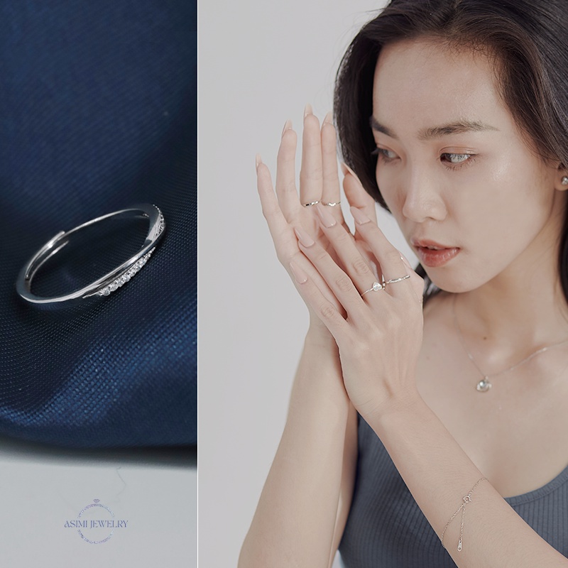 Nhẫn bạc Ý S925 đính chéo hàng đá Asimi, Nhẫn bạc nữ freesize Love Rocky NA18