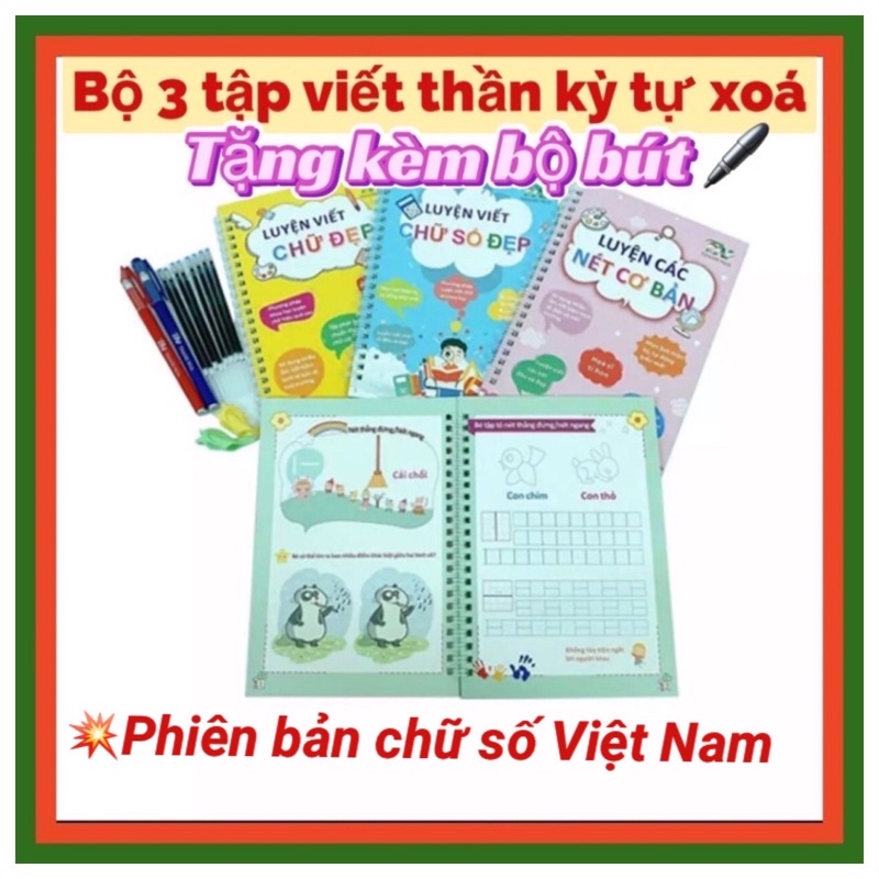 [Mã LIFE0704ALL giảm 10% đơn 50K] Bộ 3 Vở tập viết TỰ XÓA kèm bộ bút đầy đủ cho bé