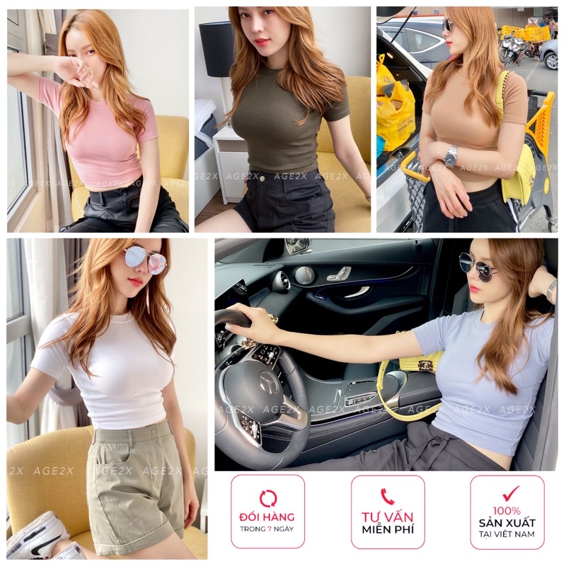 (CHÍNH HÃNG) Áo croptop ôm body tay lỡ AGE2X chất borib co giãn mềm mát, tone màu pastel dễ phối đồ